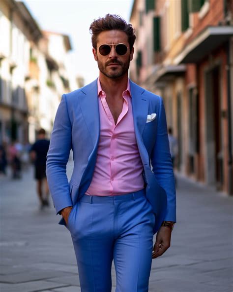 blue suit with pink shirt.